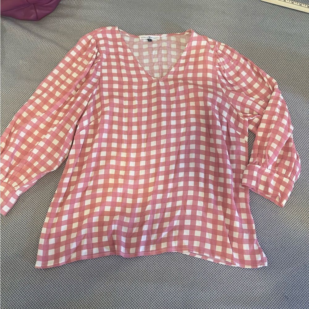 Michelle McDowell pink gingham blouse